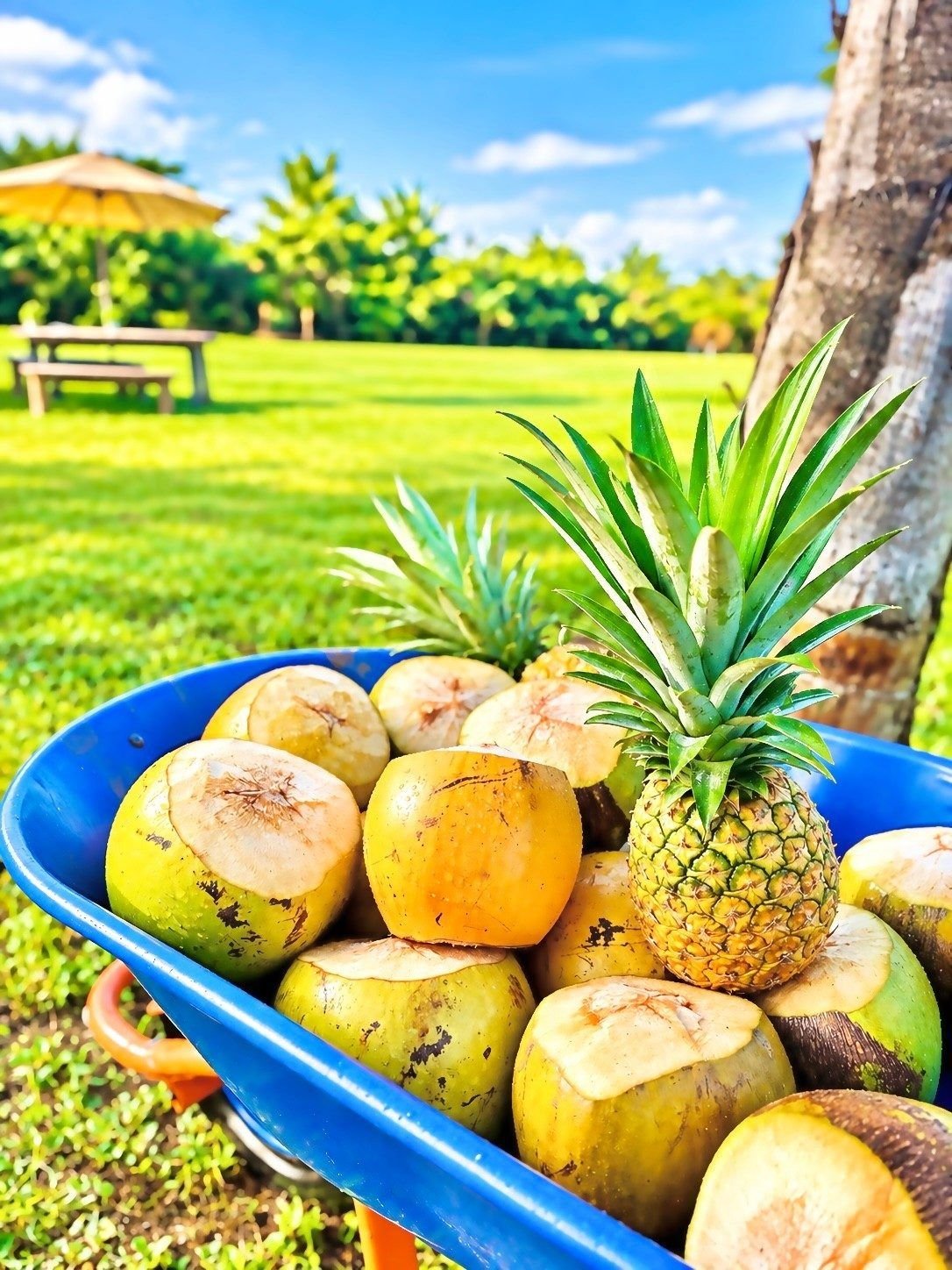 Fresh coconuts and pineapple in a wheelbarrow